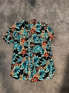 George Black Short-Sleeve Button-Down Shirt with Teal and Yellow Floral Print